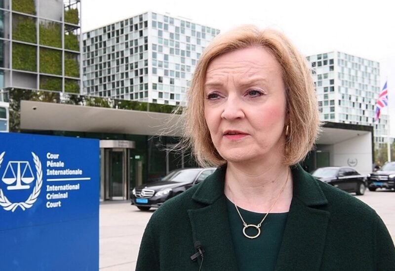 British Foreign Minister Liz Truss speaks during an interview with Reuters after visiting the International Criminal Court in The Hague, Netherlands in this screen grab taken from a video April 29, 2022. REUTERS/Piroschka van de Wouw