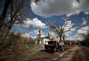 Destroyed church amid Russia's invasion of Ukraine in Lukashivka - REUTERS