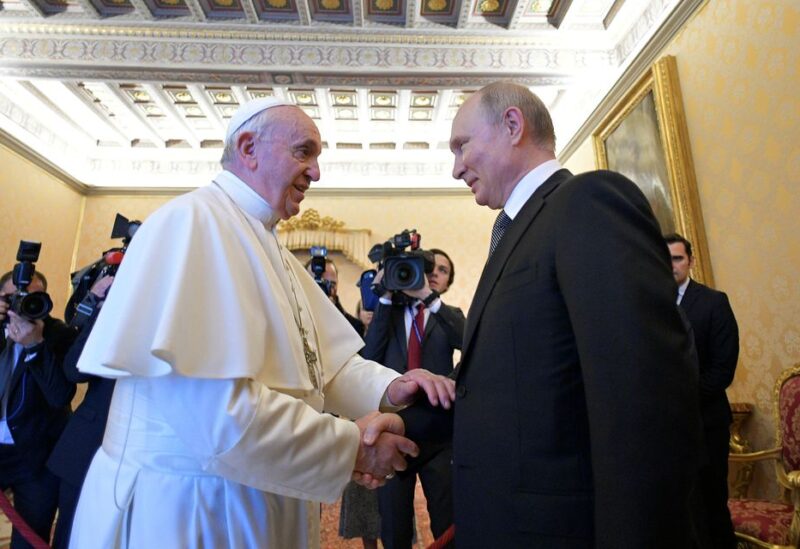 Russian President Vladimir Putin meets with Pope Francis at the Vatican July 4, 2019. Vatican Media/­Handout via REUTERS