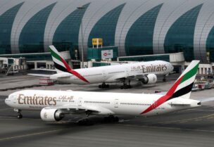 Emirates Airline Boeing 777-300ER planes are seen at Dubai International Airport in Dubai, United Arab Emirates, February 15, 2019. REUTERS/Christopher Pike