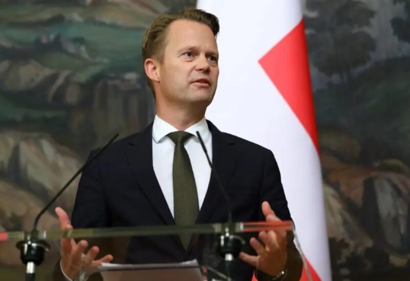 This handout picture released by the Russian Foreign Ministry shows Danish Foreign Minister Jeppe Kofod as he speaks during a joint news conference after a meeting with his Russian counterpart in Moscow on October 9, 2020. (AFP)