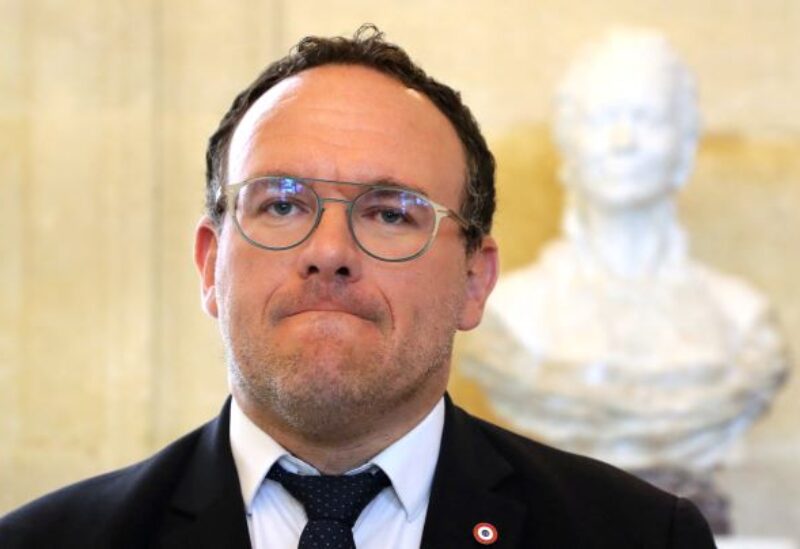 French Member of Parliament Damien Abad talks to the media after a session of questions to the government at the National Assembly, in Paris