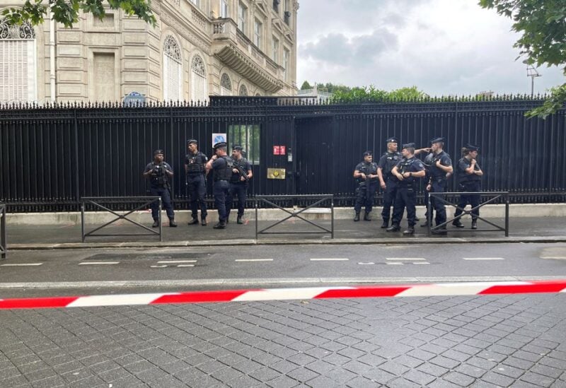 Police stand guard outside the Qatar Embassy after a security guard was killed inside in Paris, France May 23, 2022. REUTERS/Antony Paone