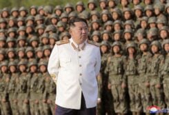 North Korean leader Kim Jong Un meets troops who have taken part in the military parade to mark the 90th anniversary of the founding of the Korean People's Revolutionary Army, in this undated photo released by North Korea's Korean Central News Agency (KCNA) April 29, 2022. KCNA via REUTERS