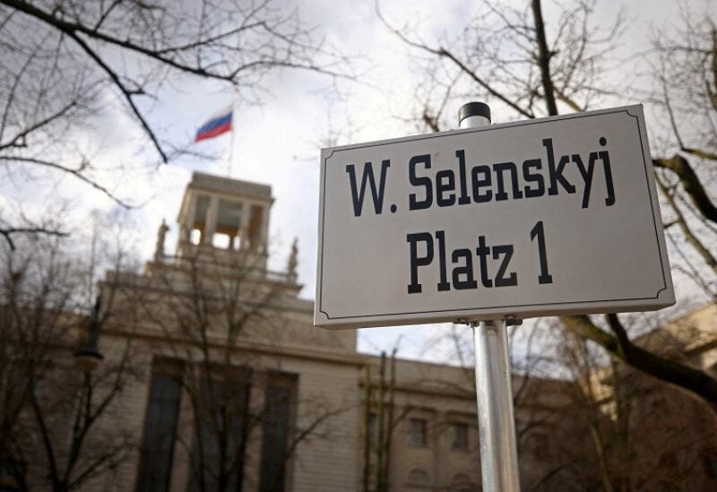 FILE PHOTO: A sign with the name of Ukraine's President Volodymyr Zelenskiy is set up in front of the Russian embassy, as Russia's invasion of Ukraine continues, in Berlin, Germany April 5, 2022. REUTERS/Lisi Niesner/File Photo