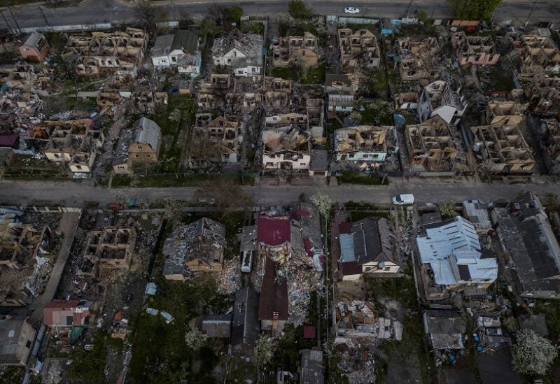 A destroyed residential area is seen after Russian shelling, amid their invasion of Ukraine, in Irpin, Ukraine May 7, 2022. Picture taken with a drone. REUTERS/Carlos Barria