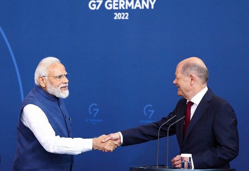 German Chancellor Olaf Scholz and Indian Prime Minister Narendra Modi shake hands as they attend a news conference during the German-Indian government consultations at the Chancellery in Berlin, Germany May 2, 2022. REUTERS/Lisi Niesner 