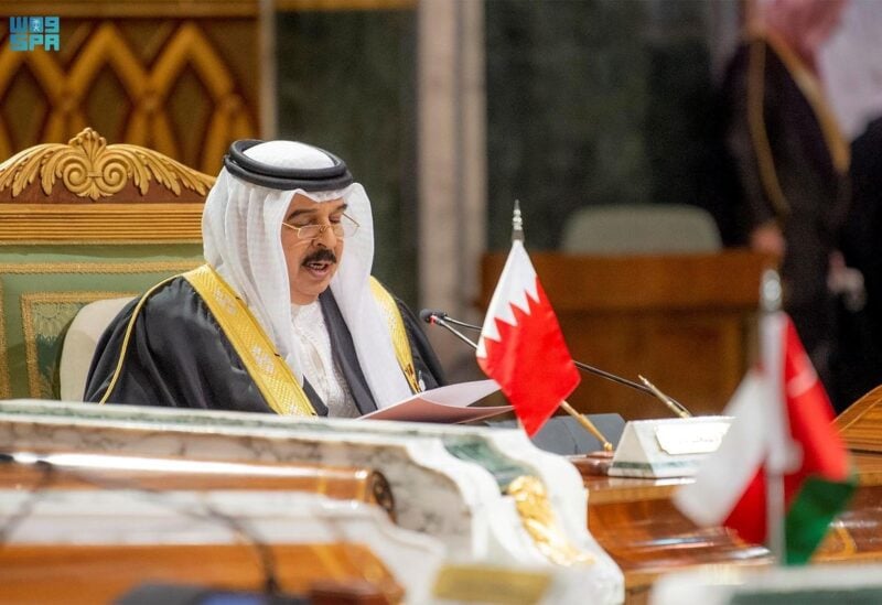 Bahrain's King Hamad bin Isa al-Khalifa speaks during the Gulf Summit in Riyadh, Saudi Arabia, December 14, 2021. Bandar Saudi Press Agency/Handout via REUTERS ATTENTION EDITORS - THIS PICTURE WAS PROVIDED BY A THIRD PARTY