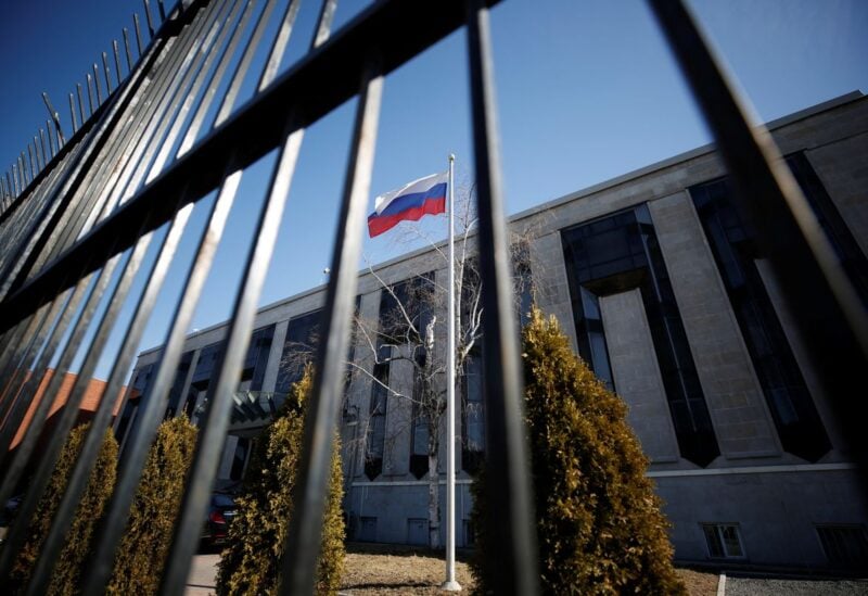 A flag is pictured outside the Russian embassy in Ottawa, Ontario, Canada, March 26, 2018. REUTERS/Chris Wattie