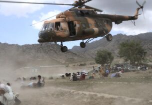 A Taliban helicopter takes off after bringing aid to an area affected by an earthquake in Gayan, Afghanistan, June 23, 2022. REUTERS/Ali Khara