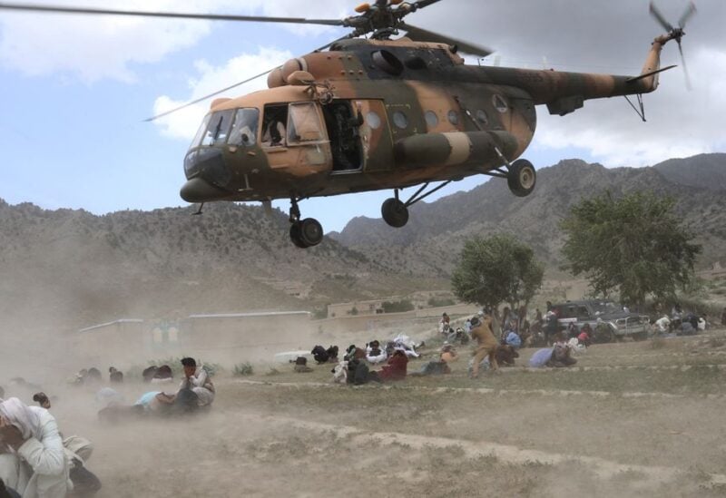 A Taliban helicopter takes off after bringing aid to an area affected by an earthquake in Gayan, Afghanistan, June 23, 2022. REUTERS/Ali Khara