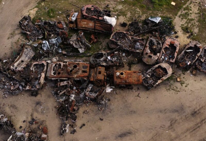 Destroyed Russian tanks and military vehicles are seen dumped in Bucha amid Russia's invasion in Ukraine, May 16, 2022. Picture taken with a drone. REUTERS/Jorge Silva