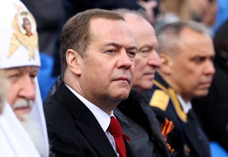 Deputy Chairman of Russia's Security Council Dmitry Medvedev attends a military parade on Victory Day, which marks the 77th anniversary of the victory over Nazi Germany in World War Two, in Red Square in central Moscow, Russia May 9, 2022. Sputnik/Ekaterina Shtukina/Pool via REUTERS