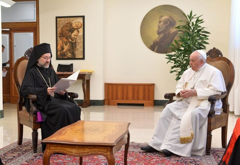 Pope Francis meets with Job Getcha, Eastern Orthodox archbishop of Telmessos, during a private audience, as part of their delegation of the Ecumenical Patriarchate of Constantinople, at the Vatican June 30, 2022. Vatican Media/­Handout via REUTERS