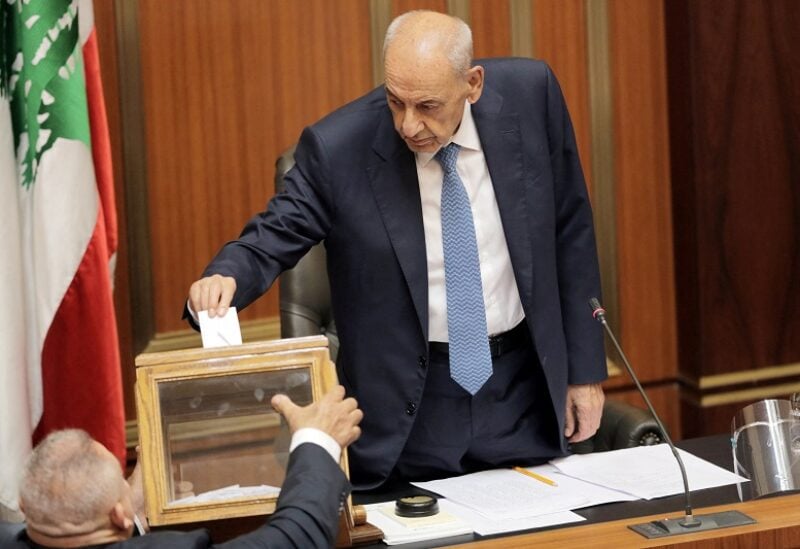 Lebanese Parliament Speaker Nabih Berri casts his vote as Lebanon's newly elected parliament convenes for the first time to elect a speaker and deputy speaker, in Beirut, Lebanon May 31, 2022. Lebanese Parliament/Handout via REUTERS ATTENTION EDITORS - THIS IMAGE WAS PROVIDED BY A THIRD PARTY. NO RESALES. NO ARCHIVES
