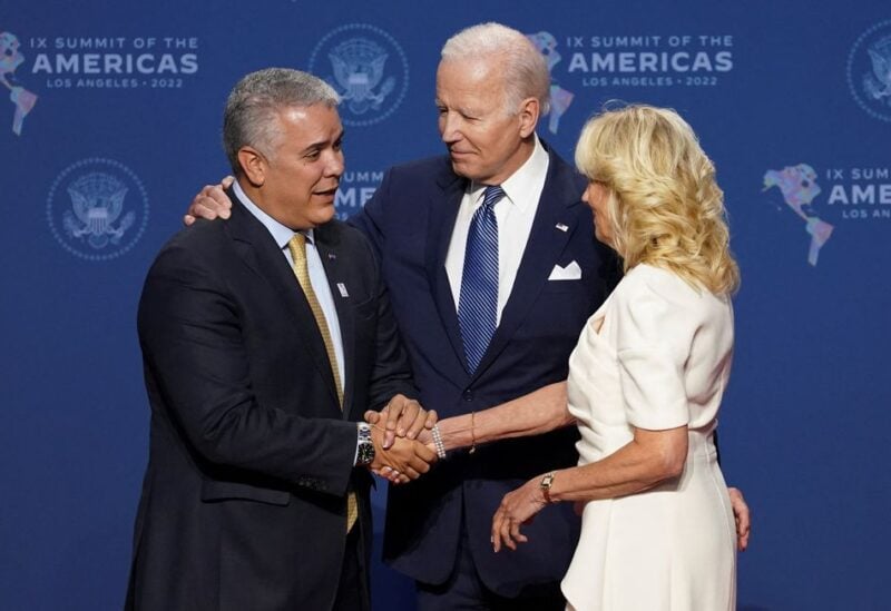 U.S. President Joe Biden and first lady Jill Biden welcome Colombia's President Ivan Duque during the Summit of the Americas, in Los Angeles, California, U.S. June 8, 2022. REUTERS/Kevin Lamarque