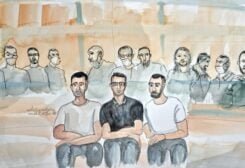 An artist's sketch shows Salah Abdeslam (R), one of the accused, who is widely-believed to be the only surviving member of the group suspected of carrying out the attacks, and the other accused during the verdict in the trial of the Paris' November 2015 attacks at the Paris courthouse on the Ile de la Cite in Paris, France, June 29, 2022. Elisabeth de Pourquery/France Televisions via Reuters NO RESALES. NO ARCHIVES