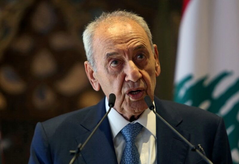 FILE PHOTO: Lebanon's parliament speaker Nabih Berri speaks during a news conference in Beirut, Lebanon October 1, 2020. REUTERS/Aziz Taher/File Photo