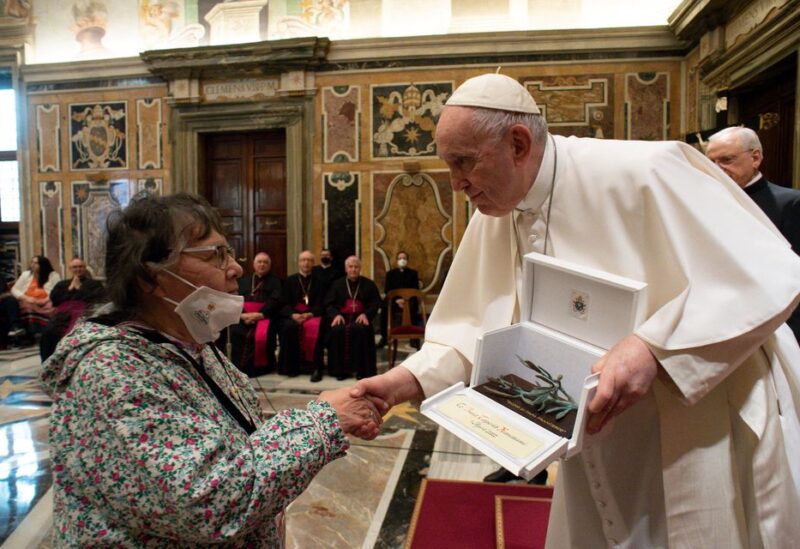 Pope Francis holds an audience in the Clementine Hall of the Apostolic Palace with indigenous delegations from Canada at the Vatican, April 1, 2022. Vatican Media/?Handout via REUTERS