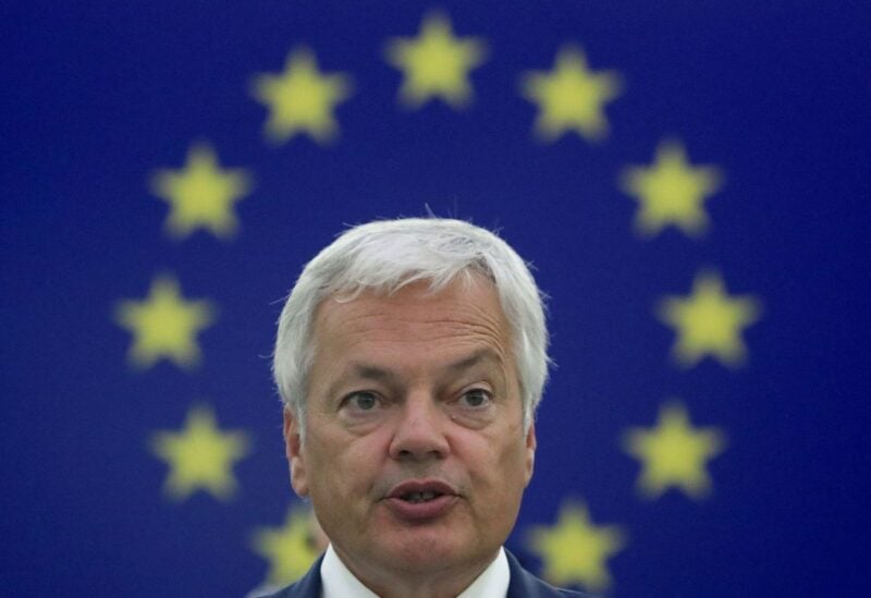 European Justice Commissioner Didier Reynders addresses the European Parliament plenary session in Strasbourg, France September 15, 2021. REUTERS/Yves Herman/Pool/File Photo