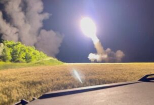 A view shows a M142 High Mobility Artillery Rocket System (HIMARS) is being fired in an undisclosed location, in Ukraine in this still image obtained from an undated social media video uploaded on June 24, 2022 via Pavlo Narozhnyy/via REUTERS/File Photo