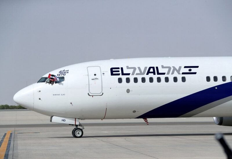The Israeli flag carrier El Al's airliner carrying Israeli and U.S. delegates lands at Abu Dhabi International Airport, United Arab Emirates August 31, 2020. WAM/Handout