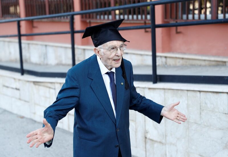 Giuseppe Paterno, 96, Italy's oldest student, celebrates after graduating from his undergraduate degree in history and philosophy during his graduation at the University of Palermo, in Palermo, Italy, July 29, 2020. REUTERS/Guglielmo Mangiapane/File Photo