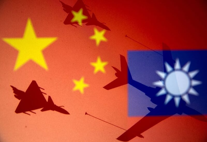 Chinese and Taiwanese national flags are displayed alongside military airplanes in this illustration taken April 9, 2021. REUTERS/Dado Ruvic/Illustration