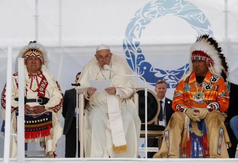 Pope Francis apologizes to indigenous people for the residential school system in Canada during his visit to Maskwacis, Alberta, Canada July 25, 2022. REUTERS/Todd Korol