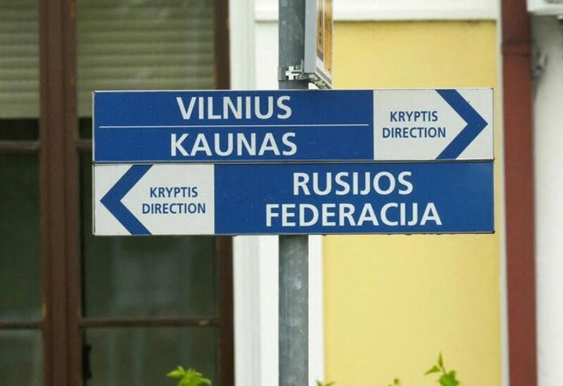 Direction signs are seen in the border railway station in Kybartai, Lithuania