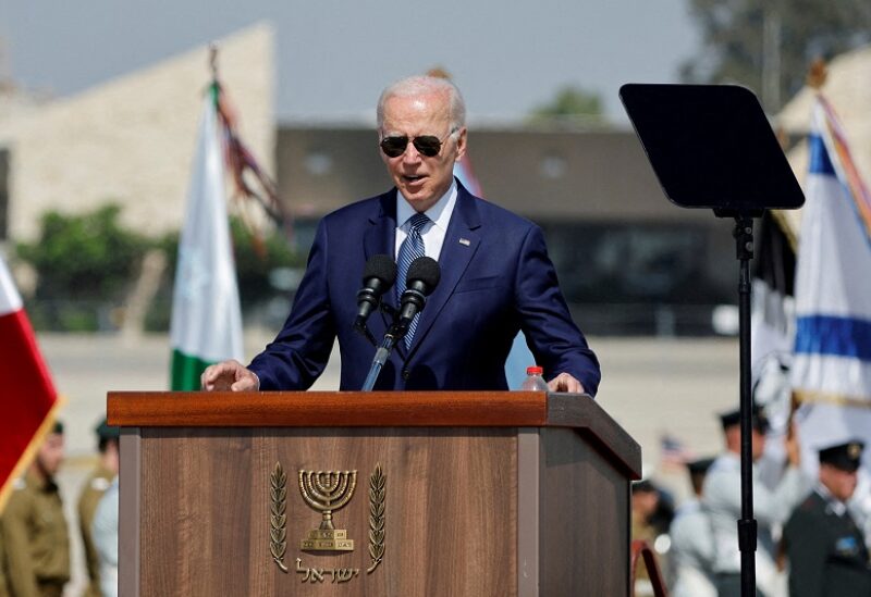 U.S. President Joe Biden delivers remarks during a welcoming ceremony at Ben Gurion International Airport in Lod, near Tel Aviv, Israel, July 13, 2022. REUTERS/Ammar Awad