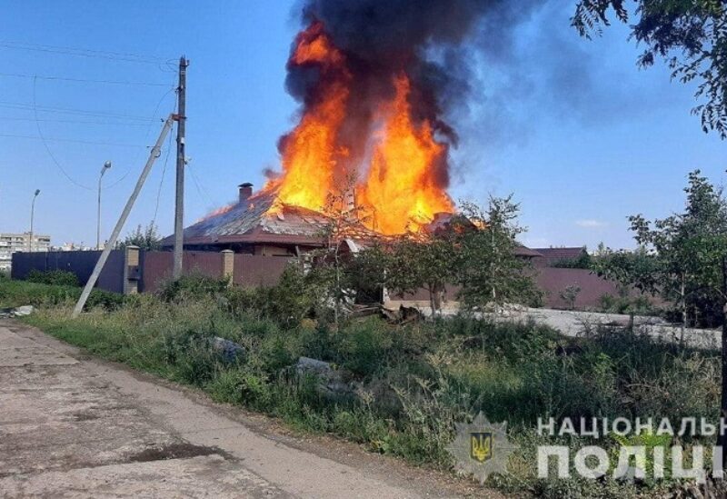 A view shows burning residential house hit by a Russian air strike, as Russia's attack on Ukraine continues, in Donetsk region, in the town of Bakhmut, Donetsk region, Ukraine July 27, 2022. Press service of the National Police of Ukraine/Handout via REUTERS ATTENTION EDITORS - THIS IMAGE HAS BEEN SUPPLIED BY A THIRD PARTY. DO NOT OBSCURE LOGO.