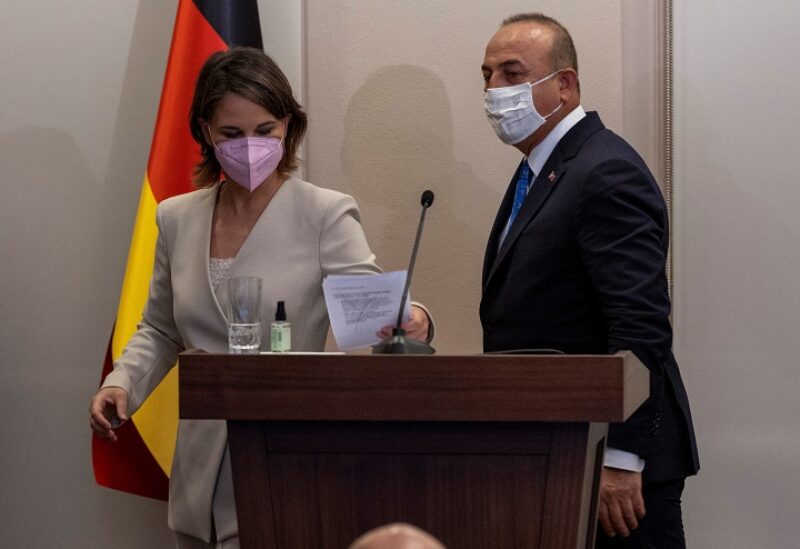 Turkish Foreign Minister Mevlut Cavusoglu and German Foreign Minister Annalena Baerbock attend a news conference in Istanbul, Turkey, July 29, 2022. REUTERS/Umit Bektas