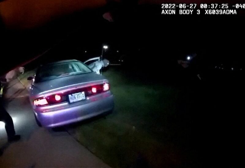 Black man Jayland Walker exits his vehicle before he was shot to death by up to eight officers while running away, in Akron, Ohio, U.S. June 27, 2022 in a still image from police body camera video. City of Akron/Handout via REUTERS THIS IMAGE HAS BEEN SUPPLIED BY A THIRD PARTY. REFILE - CORRECTING DATE