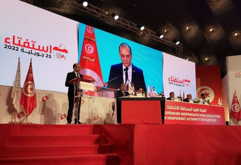 Farouk Bouasker, President of the Independent High Authority for Elections, speaks during the announcement of the preliminary results of a referendum on a new constitution in Tunis, Tunisia July 26, 2022. REUTERS/Tarek Amara