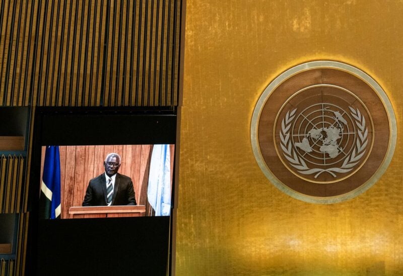 Solomon Islands' Prime Minister Manasseh Sogavare remotely addresses the 76th Session of the U.N. General Assembly by pre-recorded video in New York City, U.S., September 25, 2021. REUTERS/Eduardo Munoz/Pool