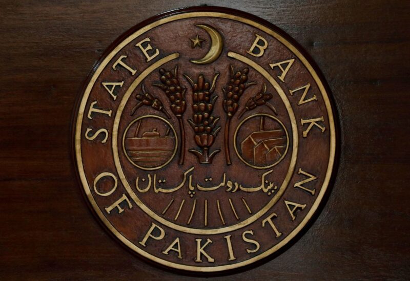 The logo of the State Bank of Pakistan (SBP) is pictured on a reception desk at the head office in Karachi, Pakistan July 16, 2019. REUTERS/Akhtar Soomro/File Photo