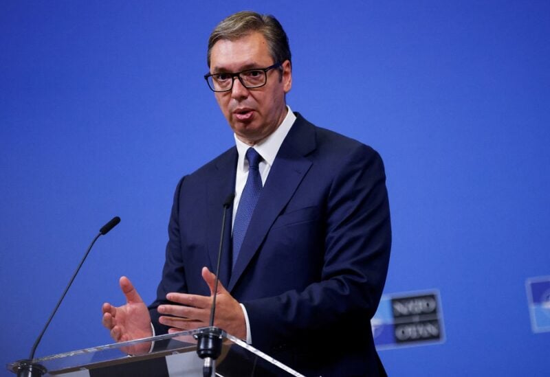 Serbian President Aleksandar Vucic speaks during a joint news conference with NATO Secretary General Jens Stoltenberg (not pictured) at the alliance's headquarters in Brussels, Belgium August 17, 2022. REUTERS/Johanna Geron