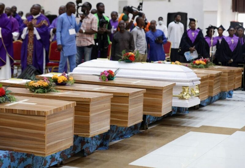 Coffins are pictured during a memorial service for victims killed during an attack by gunmen during a Sunday mass service at St. Francis Catholic Church, in Owo, Ondo, Nigeria June 17, 2022. REUTERS/Temilade Adelaja