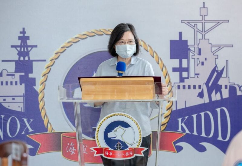 Taiwan's President Tsai Ing-wen delivers a speech during her visit to a naval base in Suao, Yilan, Taiwan in this handout picture released on August 18, 2022. Taiwan Presidential Office/Handout via REUTERS/File Photo
