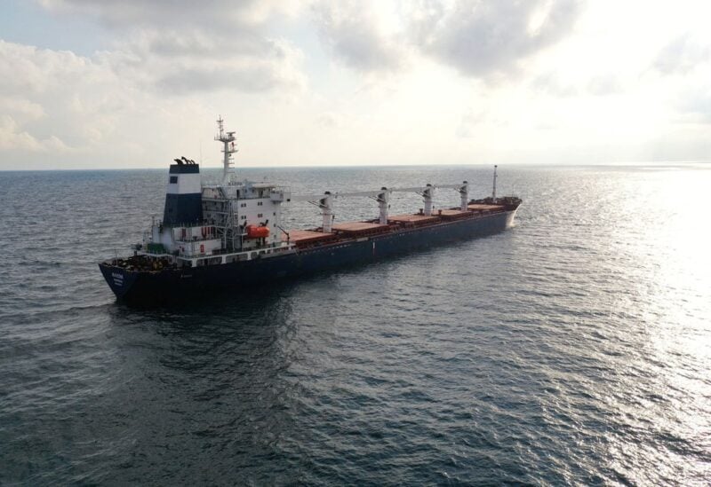 The Sierra Leone-flagged cargo ship Razoni, carrying Ukrainian grain, is seen in the Black Sea off Kilyos, near Istanbul, Turkey August 3, 2022. REUTERS/Mehmet Emin Caliskan/File Photo