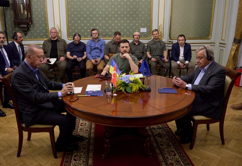 Ukraine's President Volodymyr Zelenskiy, Turkish President Tayyip Erdogan and U.N. Secretary-General Antonio Guterres attend a meeting, amid Russia's attack on Ukraine, in Lviv, Ukraine August 18, 2022. Ukrainian Presidential Press Service/Handout via REUTERS