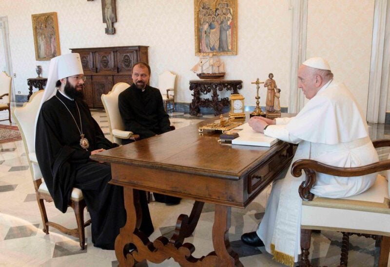 Pope Francis meets with the second most powerful leader of the Russian Orthodox Church, Bishop Antonij, ahead of an expected meeting next month with its Patriarch Kirill, at the Vatican August 5, 2022. Vatican Media/­Handout via REUTERS