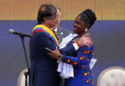 Colombia's Vice President-elect Francia Marquez and Colombia's President-elect Gustavo Petro hug during the swearing-in ceremony at Plaza Bolivar, in Bogota, Colombia August 7, 2022. REUTERS/Luisa Gonzalez