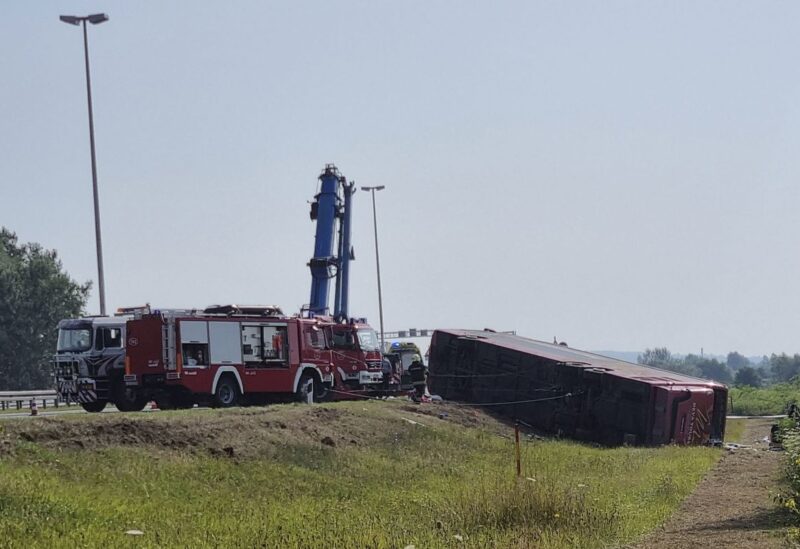 Emergency crews work at the site of a bus accident near Slavonski Brod, Croatia.Photographer: Luka Safundzic/SBonline/AP Photo