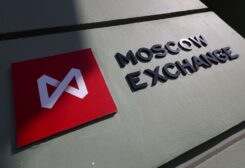 A board with the logo is on display outside the office of the Moscow Exchange in the capital city of Moscow, Russia March 24, 2022. REUTERS/Maxim Shemetov