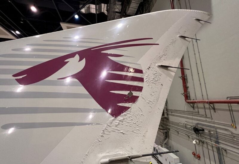 Surface damage seen on Qatar Airways' airbus A350 parked at Qatar airways aircraft maintenance hangar in Doha, Qatar, June 20, 2022. REUTERS/Imad Creidi/File Photo