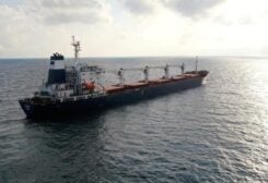 The Sierra Leone-flagged cargo ship Razoni, carrying Ukrainian grain, is seen in the Black Sea off Kilyos, near Istanbul, Turkey August 3, 2022.