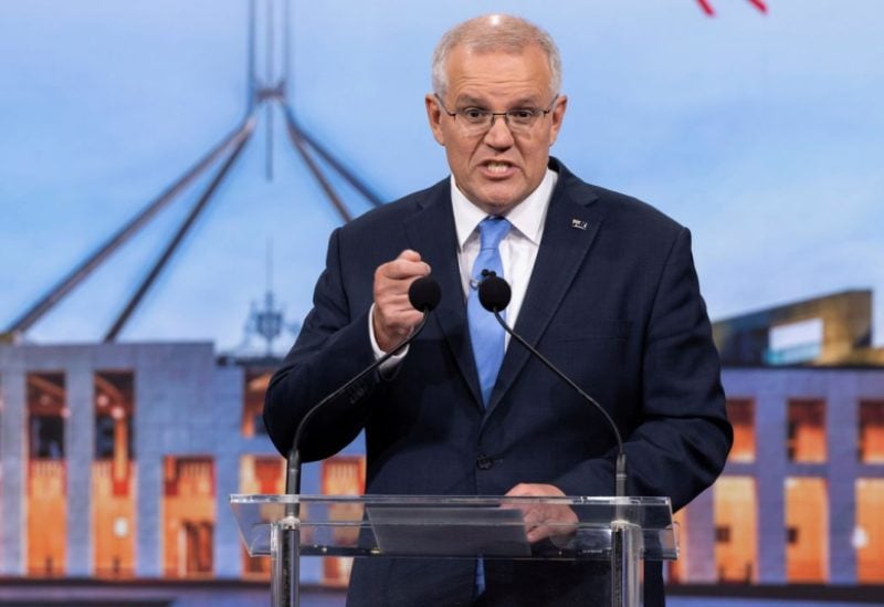 Australian incumbent Prime Minister Scott Morrison speaks during the second leaders' debate of the 2022 federal election campaign at the Nine studio in Sydney, Australia May 8, 2022. Alex Ellinghausen/Pool via REUTERS
