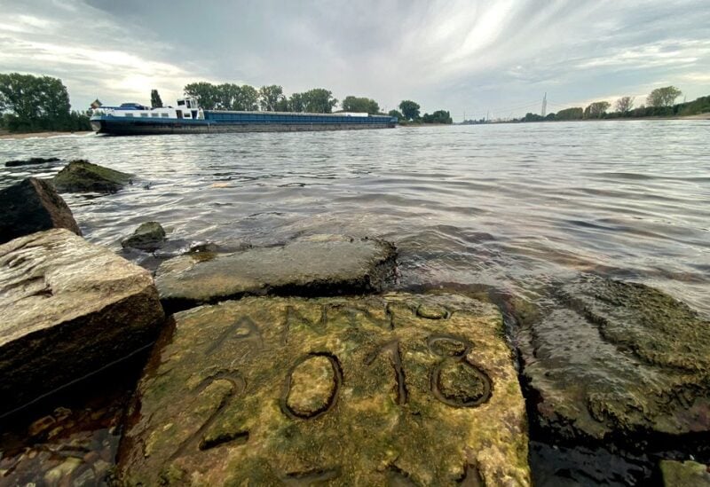 One of the 'hunger stones' is revealed by the low level of water in Worms, Germany, August 17, 2022